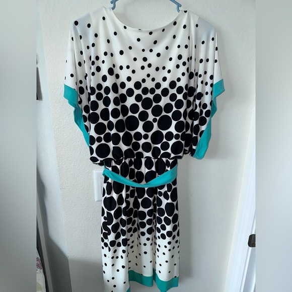 Studio One Black and White Polka Dot Dress with Teal Trim size Small - Picture 2 of 3